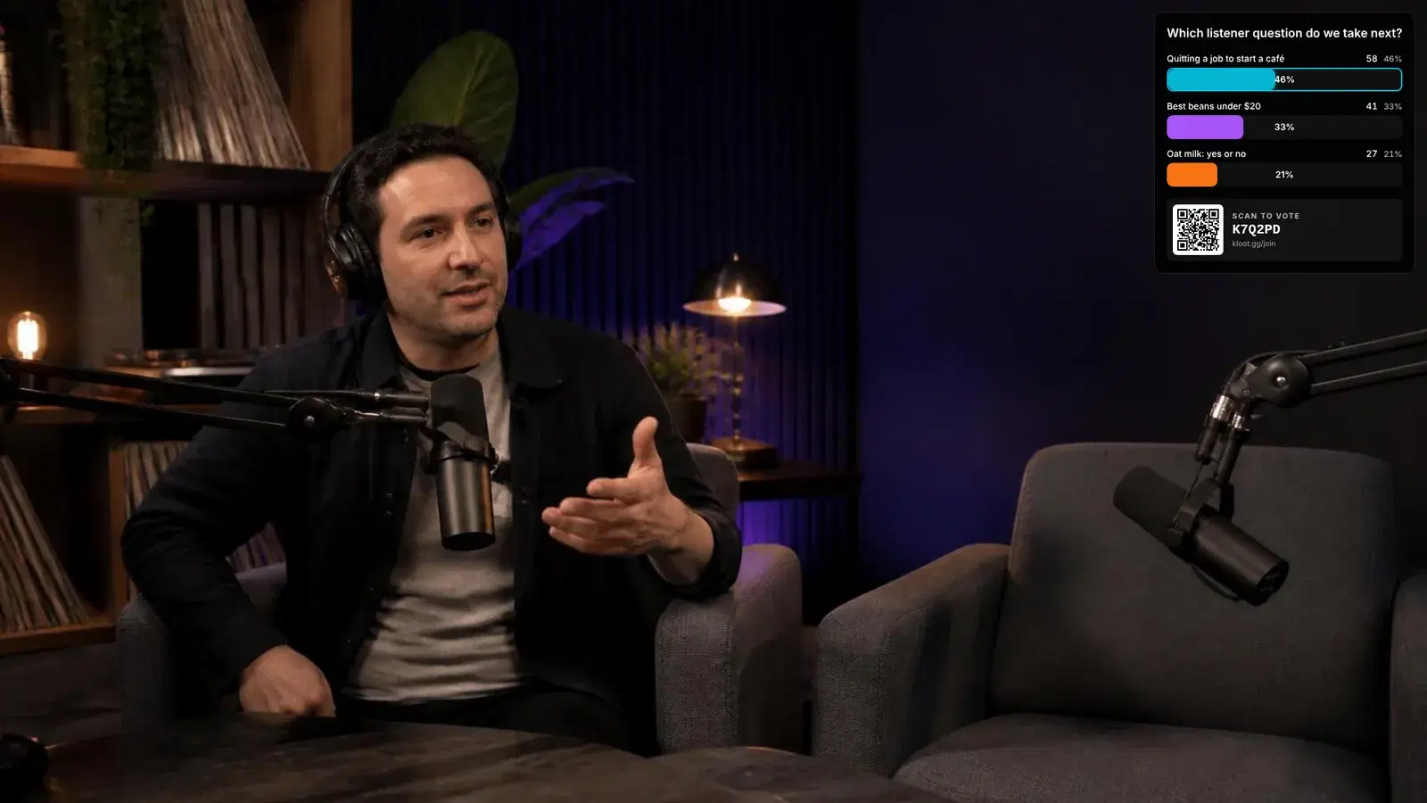A podcast host mid-sentence beside an empty guest chair, with a poll card in the top-right corner asking which listener question to take next, and a QR code to vote.