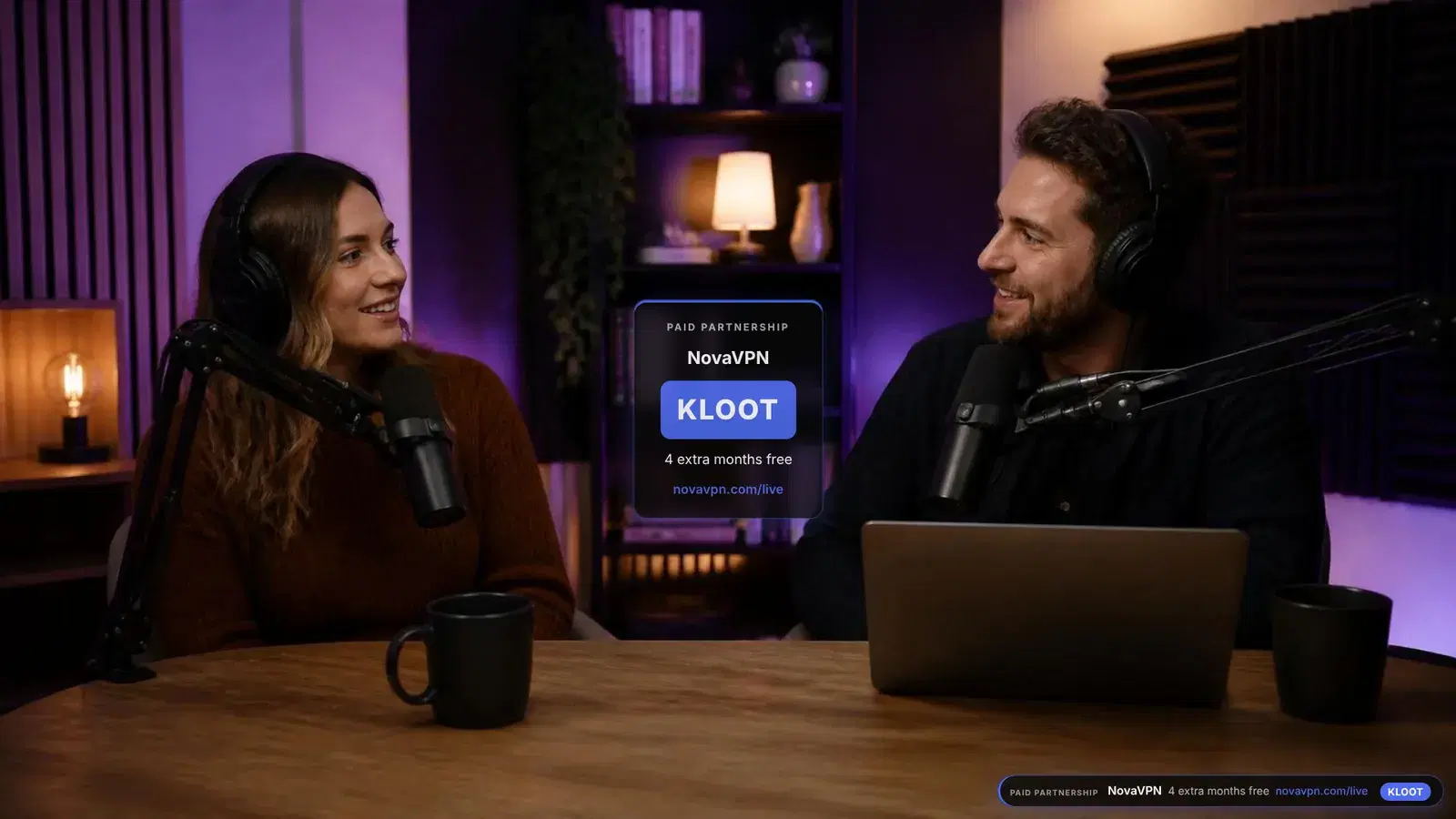 The two hosts with a sponsor card in the centre showing a promo code, and a slim sponsor banner in the bottom-right corner labelled Paid partnership.
