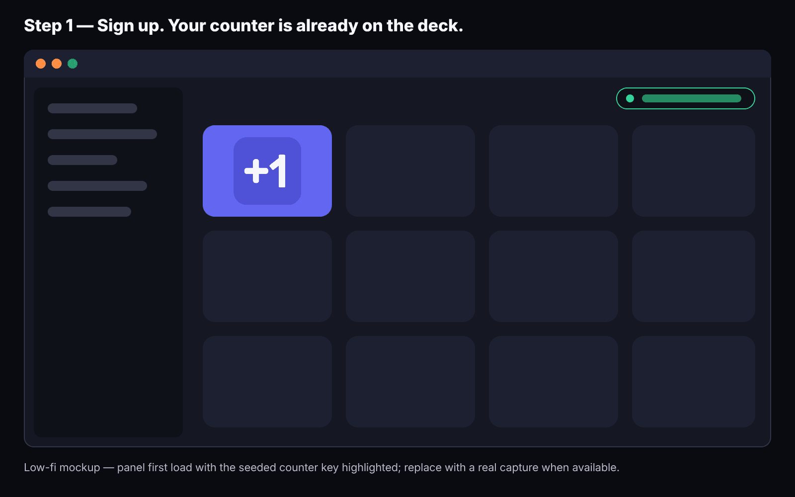 Illustration: the Kloot panel on first load, with the seeded +1 counter key on the deck.