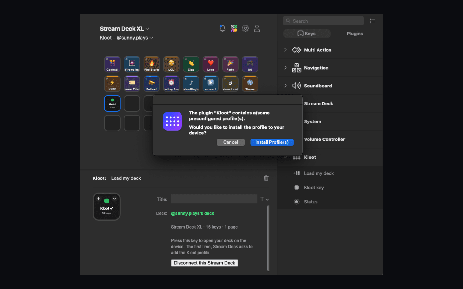 The Stream Deck app after Connect: the Load my deck key reads Kloot with a tick and 16 keys, its settings name the deck, and Stream Deck asks to install the Kloot profile.
