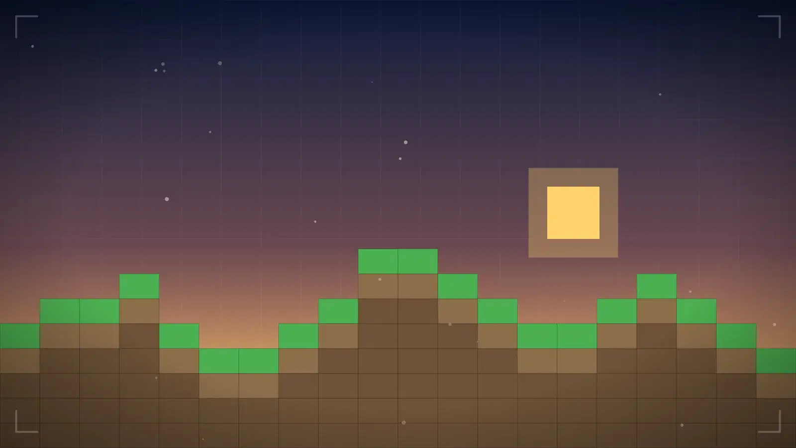 An illustrated block landscape at sunrise.