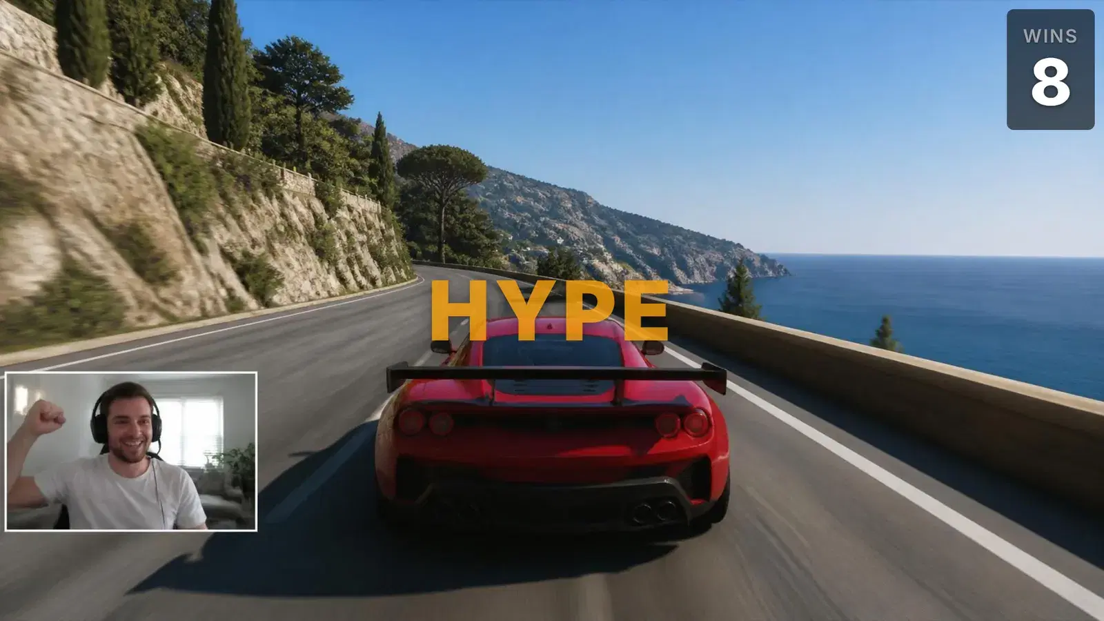 A racing game stream on a sunny coastal road, a streamer cheering on the facecam, a large HYPE text pop above the car and a wins counter reading 8 in the top-right corner.