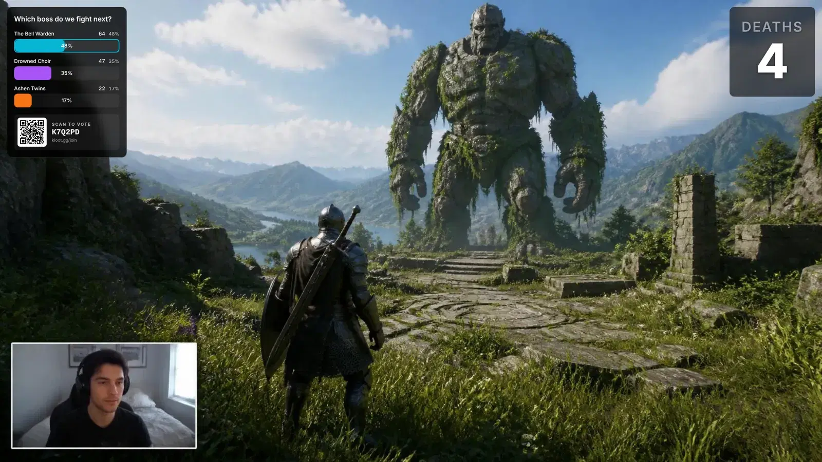 The same stream with a live poll card and QR code in the top-left corner and a death counter reading 4 in the top-right.