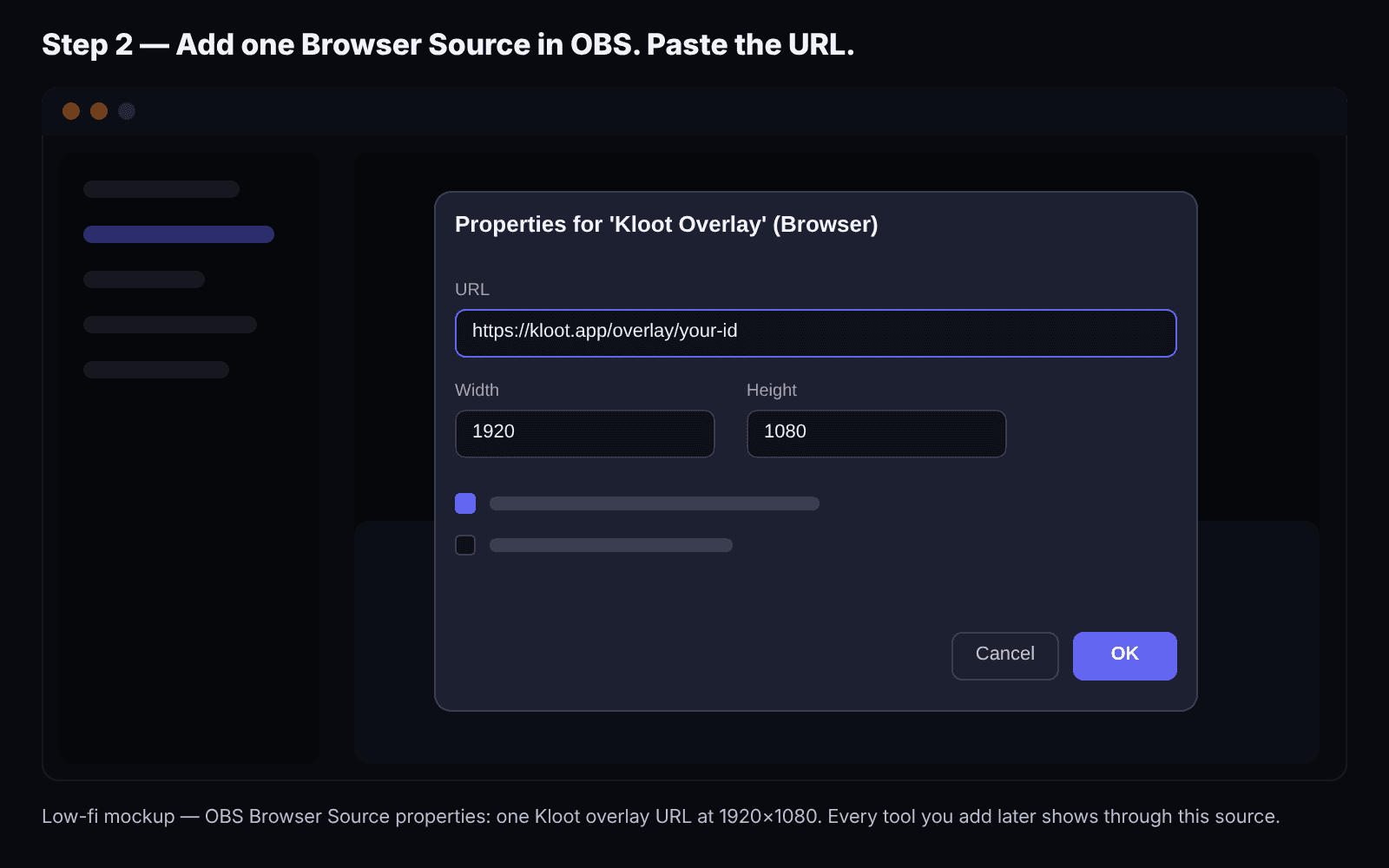 Illustration: the OBS Browser Source dialog with the Kloot overlay URL pasted in.