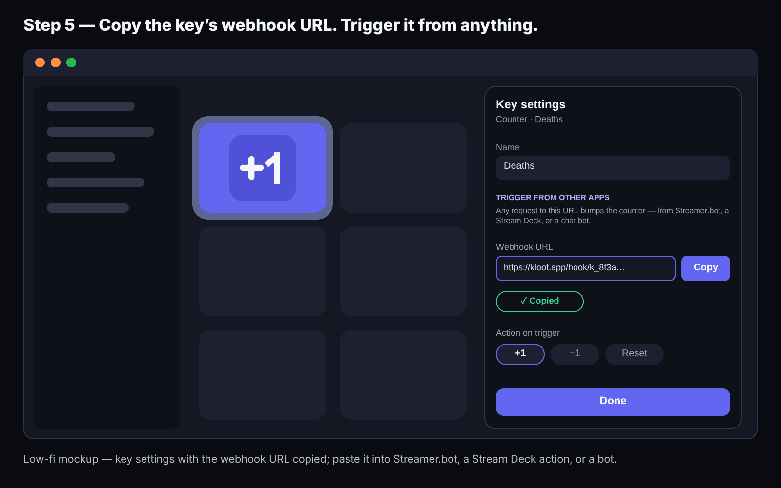 Illustration: a counter key's settings with its webhook URL copied, to paste into a Streamer.bot action or a Stream Deck Website action.