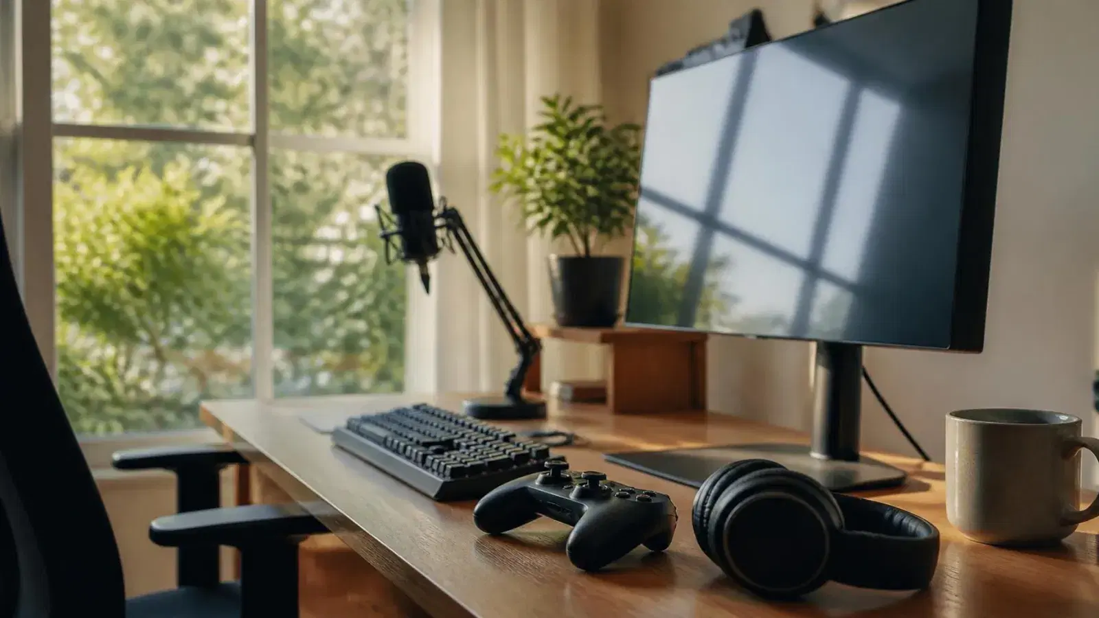 A gaming desk by a sunny window with a controller, headphones, a keyboard and a microphone on a small boom arm.