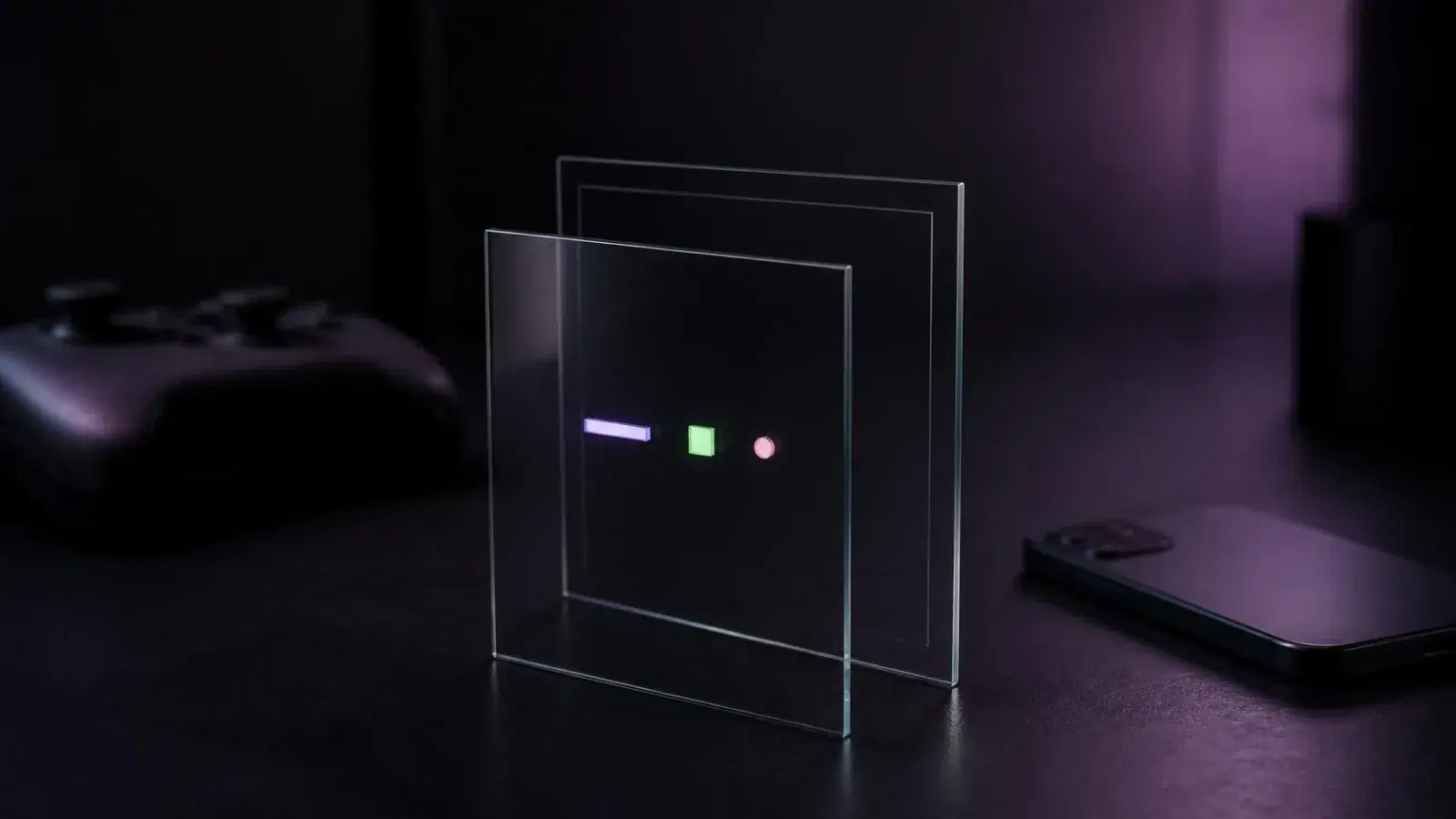 Two clear glass panes standing on a dark desk, a thin frame etched on the back one and small glowing shapes on the front.