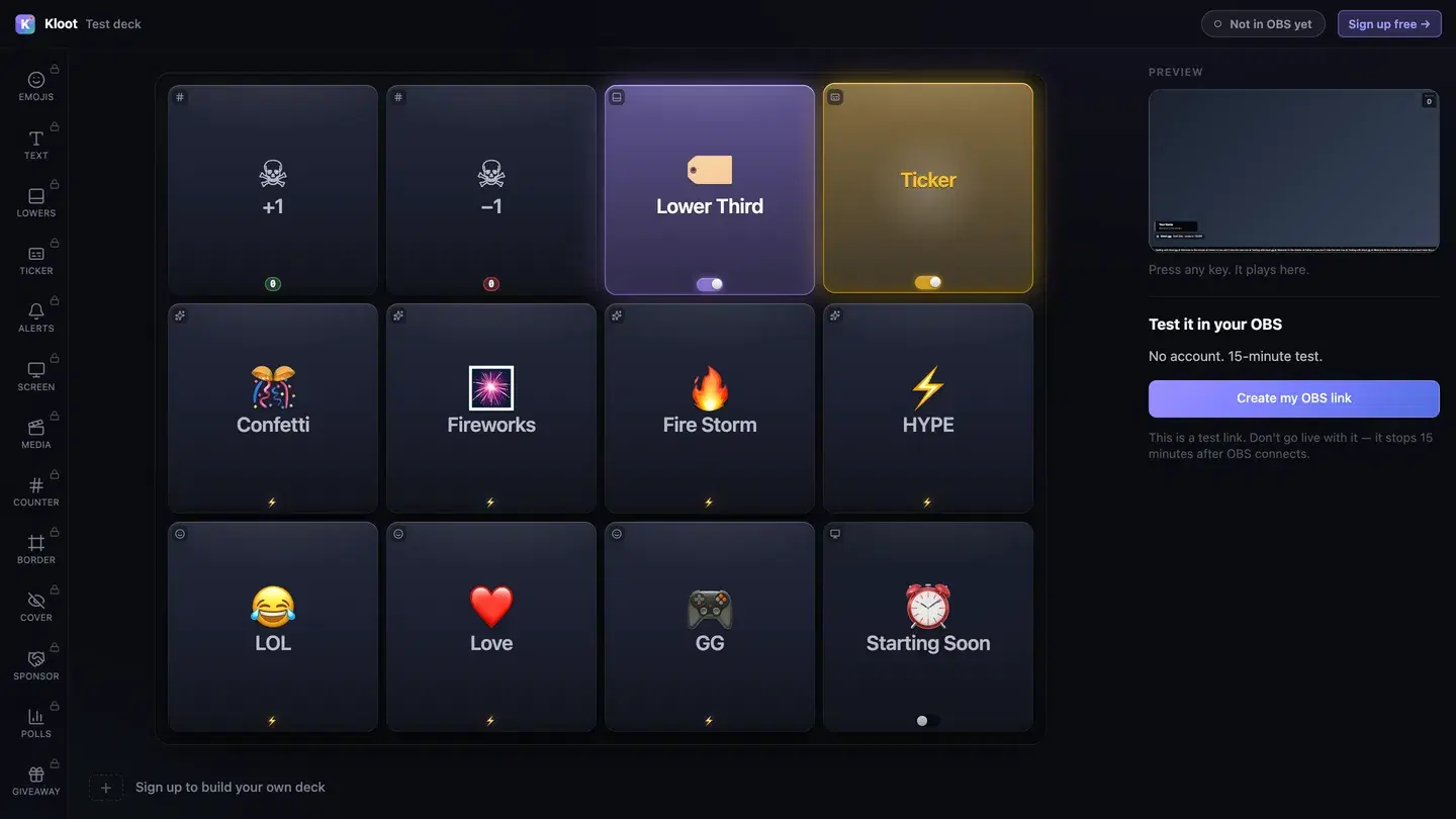 The Kloot test deck at /try: twelve keys in the middle, with Lower Third and Ticker switched on, a live preview of the stream on the right and a button that makes a link for OBS.